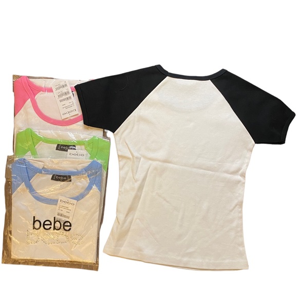 NWT Vintage Bebe 3/4 Sleeve T-Shirt SLV Logo Wide Nk Color POI Basic Blue White - Picture 2 of 3